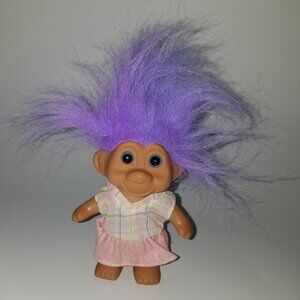 VTG 1991 Troll Blue Eyes Purple Hair 7" Wearing Pink/Plaid Dress TNT